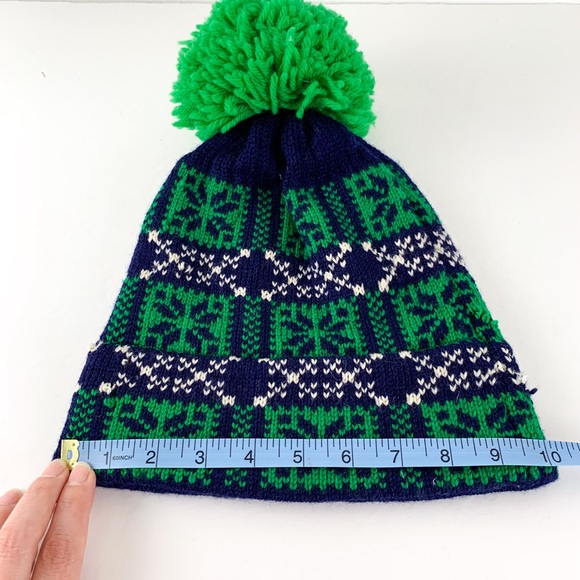 Vintage wool ski cap by IKS Aspen heavy knit pom pom beanie blue & green - Picture 2 of 5